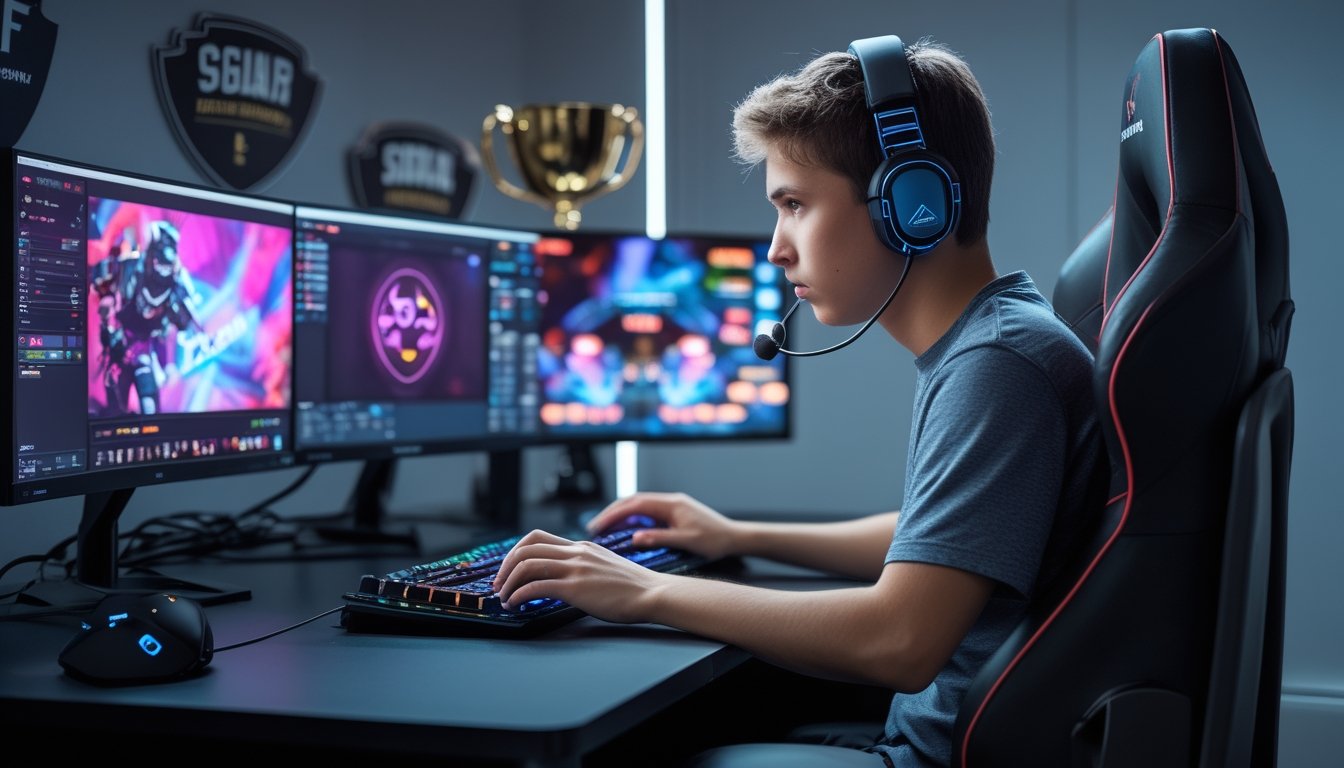 Seorang pemain esports profesional sedang bermain dengan fokus di depan beberapa monitor dalam ruangan gaming yang rapi dan terang.