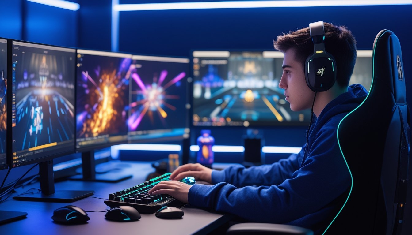 Seorang pemain esports profesional yang fokus bermain di depan beberapa monitor dengan headset dan peralatan gaming di meja.