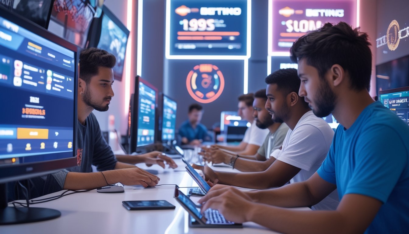 Beberapa orang muda sedang menggunakan perangkat digital untuk memasang taruhan esports di lingkungan modern dengan layar besar dan pencahayaan neon.