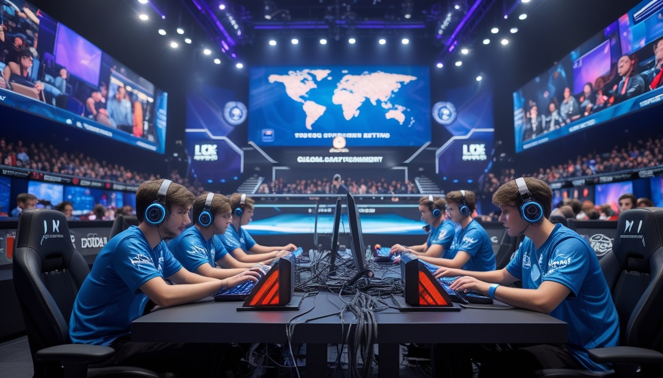 Sejumlah pemain esports sedang bermain dan berdiskusi dalam turnamen global dengan penonton di latar belakang.