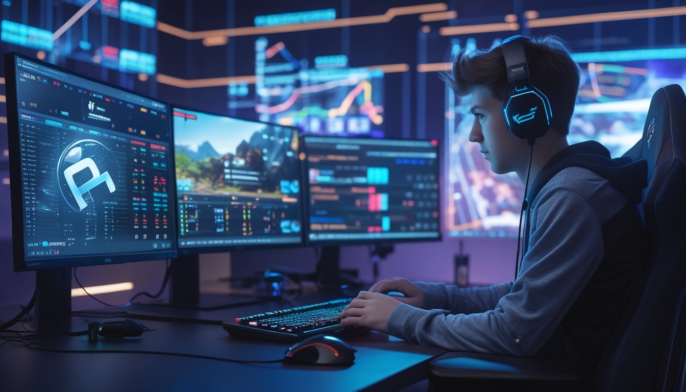 Seorang pemain muda duduk di depan komputer dengan beberapa layar menampilkan permainan esports dan grafik peluang menang, di ruangan dengan pencahayaan biru dan ungu.
