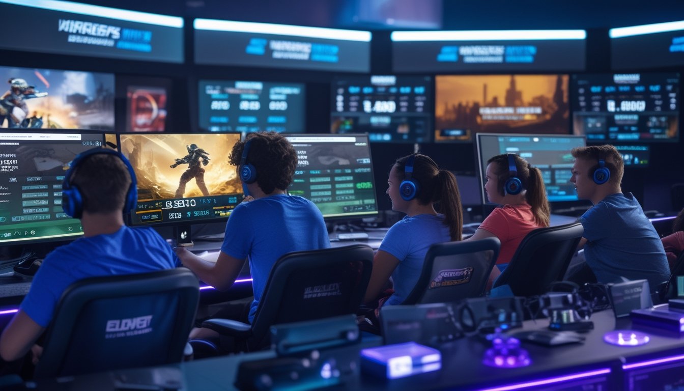 Sekelompok orang muda sedang fokus menggunakan komputer dan layar besar untuk taruhan esports secara real-time di sebuah ruang permainan modern.
