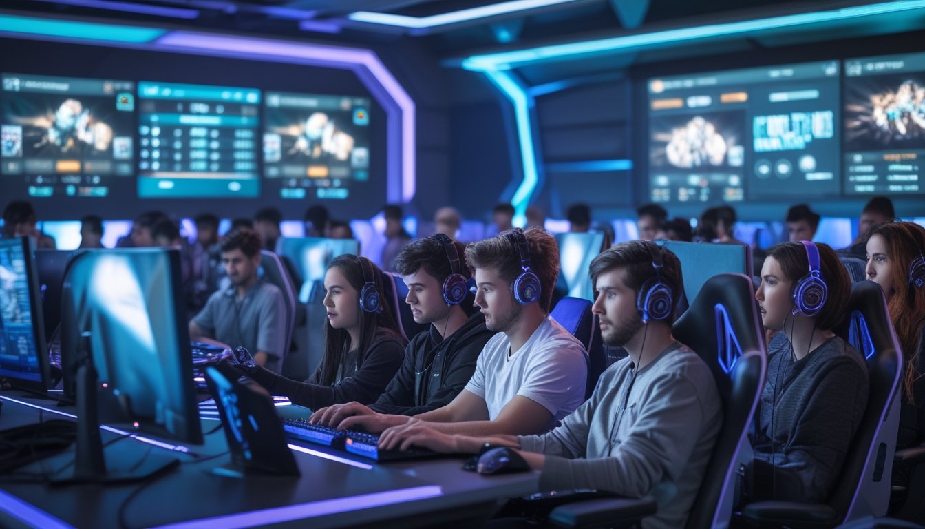 Sekelompok orang muda sedang fokus menggunakan komputer dengan layar yang menampilkan pertandingan esports dan data taruhan secara real-time di sebuah ruang gaming modern.