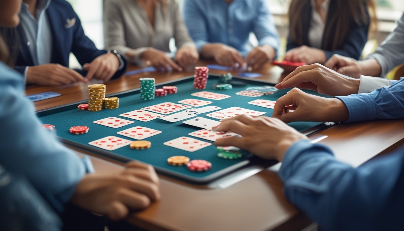Sekelompok orang sedang bermain kartu Capsa Royale di atas meja kayu dengan kartu dan chip poker yang tertata rapi.