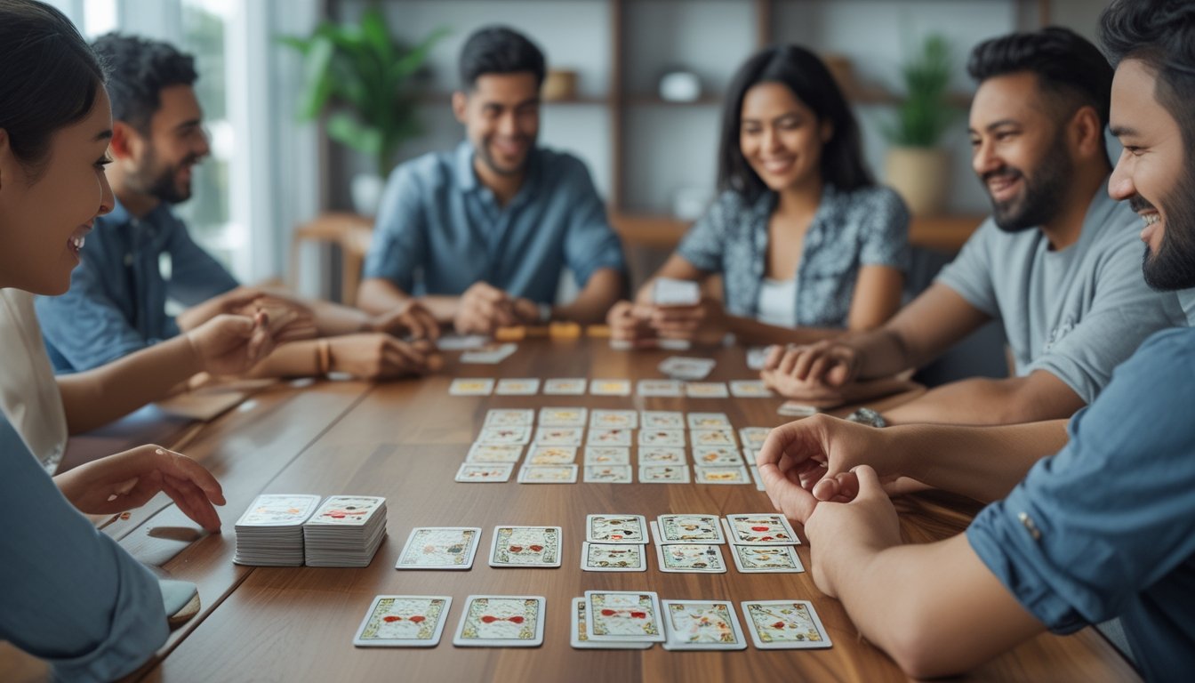 Beberapa orang sedang bermain permainan kartu Capsa Royale di atas meja kayu dengan kartu tertata rapi dan ekspresi fokus.