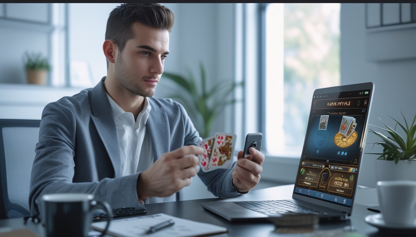 Seorang pria muda duduk di meja dengan laptop dan kartu bermain, tampak fokus dan serius bermain game kartu online.