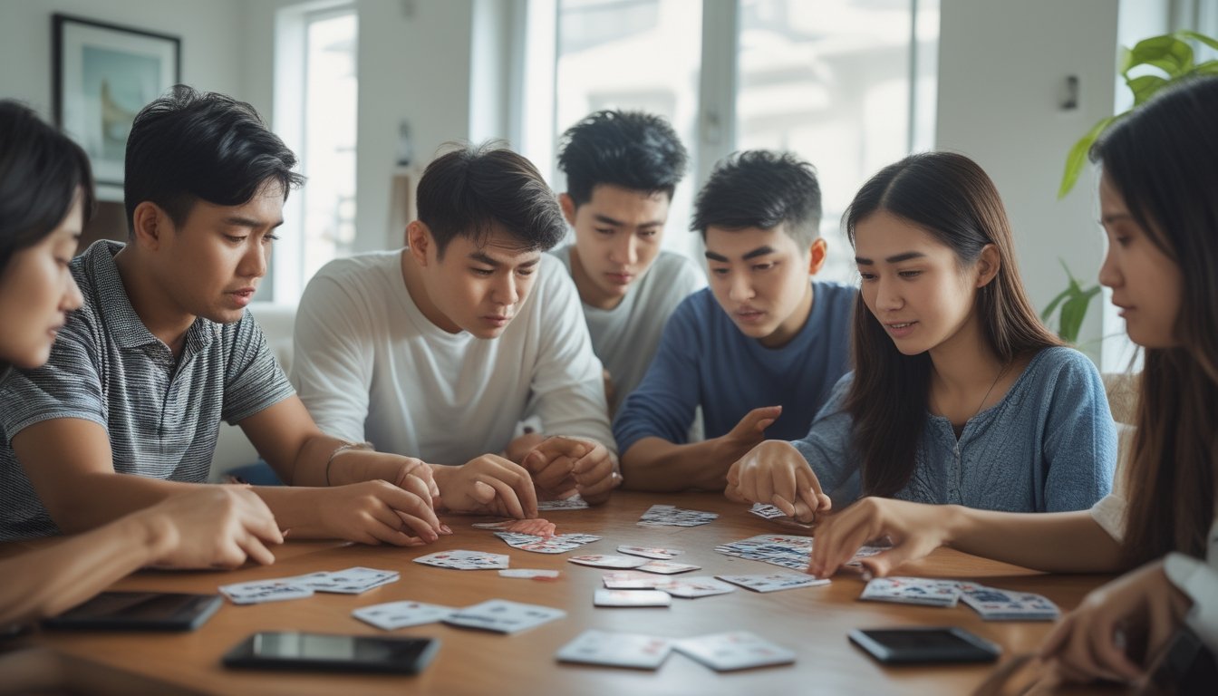 Sekelompok orang muda sedang bermain kartu Capsa Susun di meja kayu dengan ekspresi serius dan fokus.
