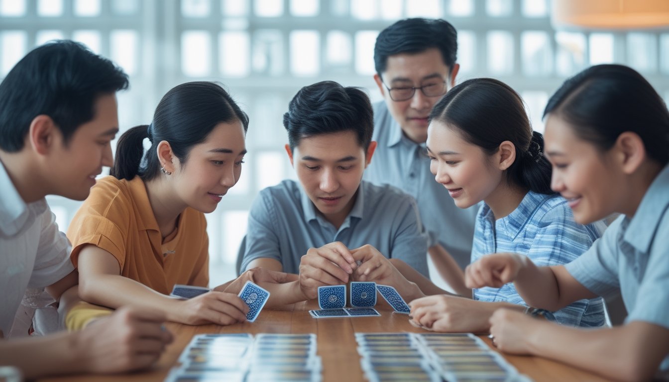 Beberapa orang sedang bermain permainan kartu Capsa Susun di sekitar meja, dengan satu pemain pemula terlihat berpikir dan pemain lain memberikan arahan.