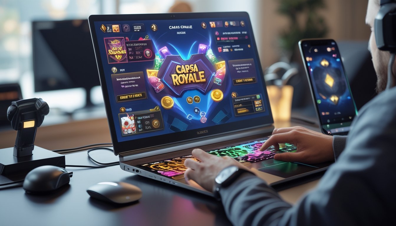 Sebuah meja dengan komputer menampilkan permainan kartu digital, dikelilingi oleh aksesori gaming seperti mouse dan headphone.
