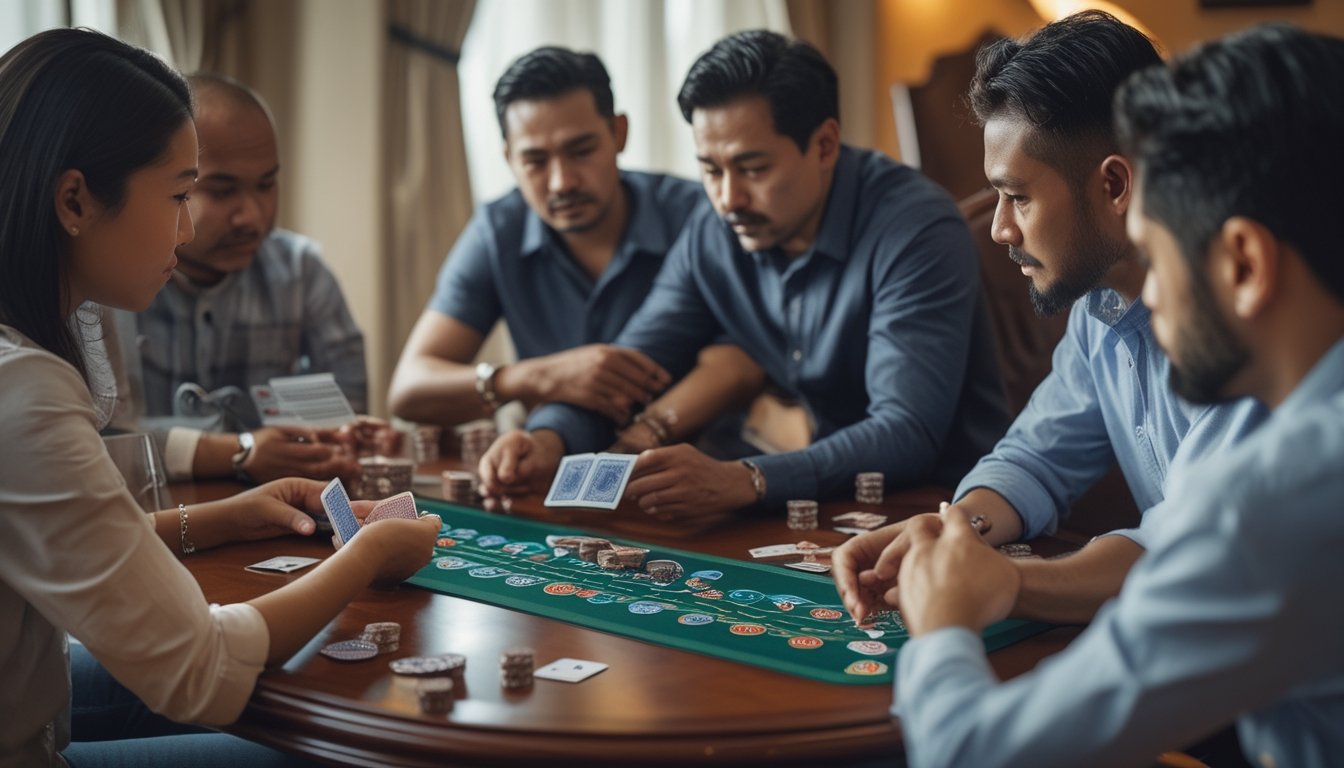 Beberapa orang duduk mengelilingi meja kayu bermain Capsa Susun dan Capsa Royale dengan ekspresi serius dan fokus saat salah satu pemain melakukan bluffing.