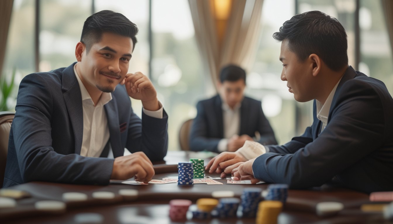 Dua pemain kartu sedang bermain Capsa Susun dan Capsa Royale dengan fokus dan ekspresi serius di meja permainan.