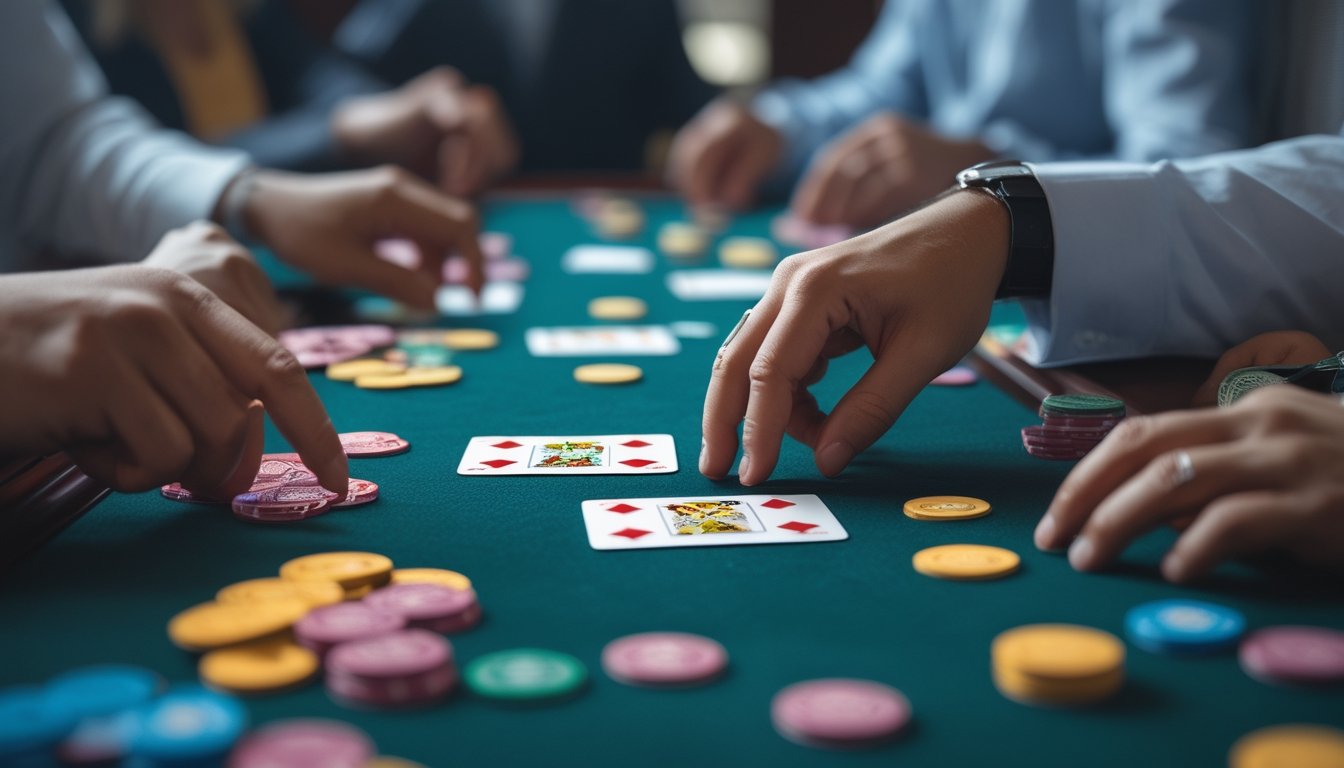 Meja permainan dengan kartu dan chip poker, tangan pemain sedang bermain Capsa Susun dan Capsa Royale.