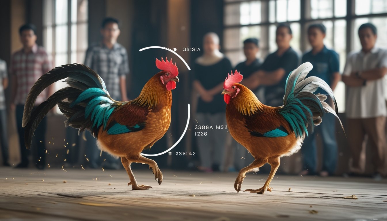 Dua ayam jago sedang bertarung di dalam ruangan dengan beberapa orang yang mengamati di latar belakang.