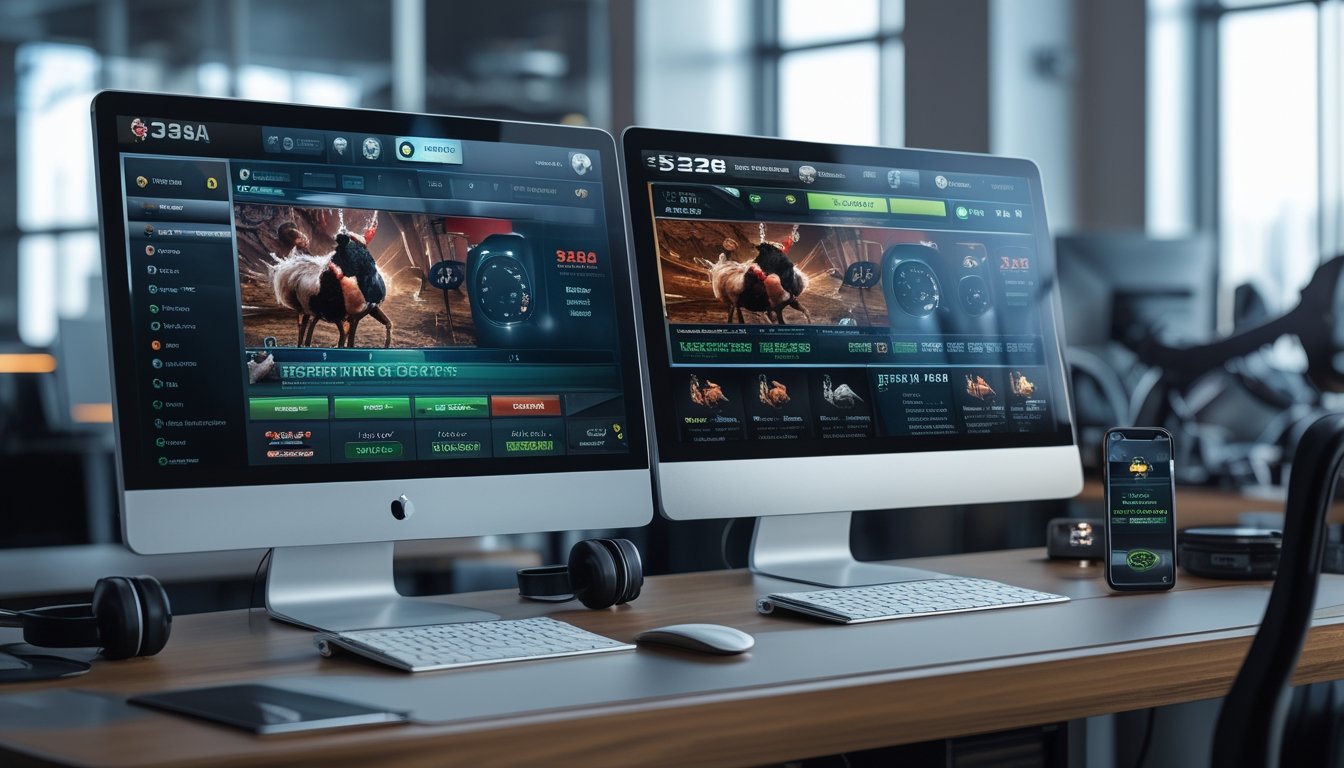 Dua monitor komputer berdampingan menampilkan platform live streaming sabung ayam 338A dan S128 di sebuah ruang kerja modern.