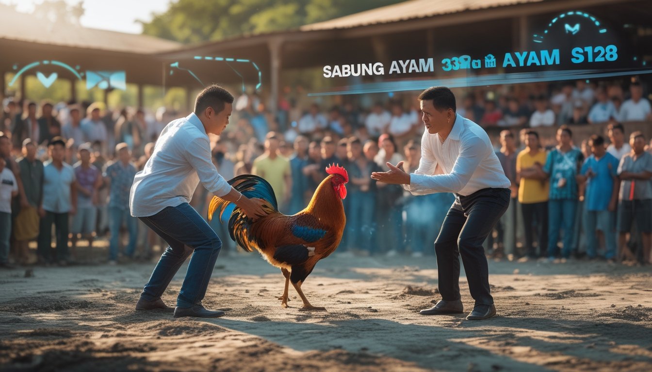 Dua pria sedang memegang ayam aduan dalam arena sabung ayam dengan penonton di latar belakang dan elemen digital yang menunjukkan platform streaming langsung.
