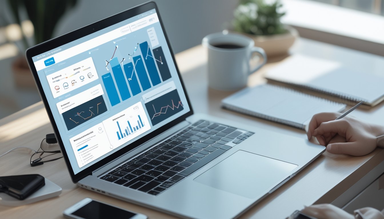 Meja kerja modern dengan laptop, ponsel, buku catatan, dan cangkir kopi, menampilkan suasana analisis platform digital.