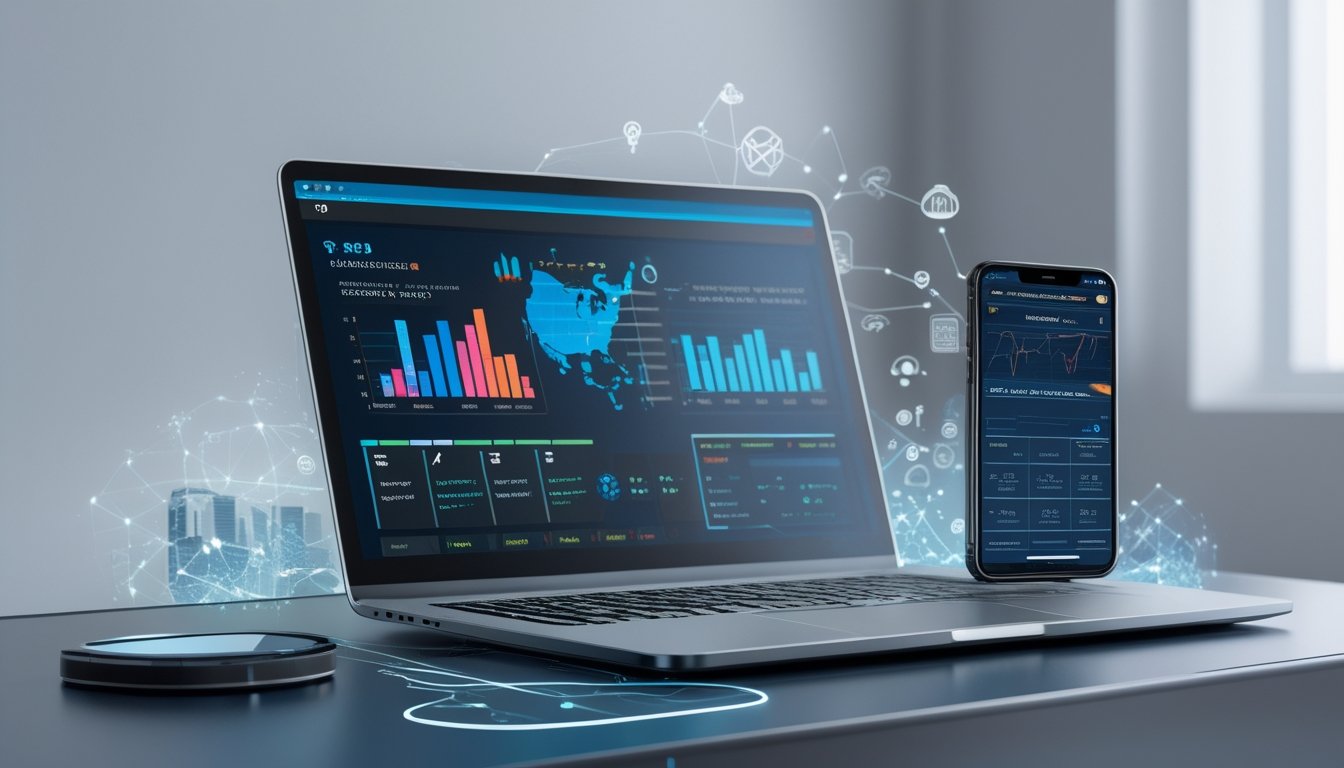 Laptop dan smartphone di atas meja menampilkan antarmuka platform online dengan grafik dan ikon, dikelilingi elemen teknologi dan konektivitas.