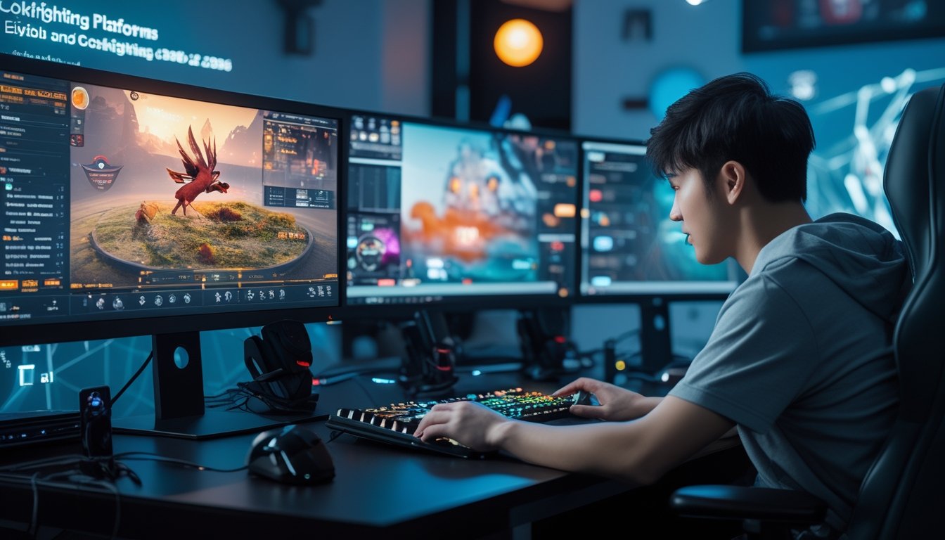 Seorang pria muda sedang bermain game sabung ayam online dengan beberapa layar komputer menampilkan permainan sabung ayam modern di sebuah ruangan gaming yang terang dan modern.