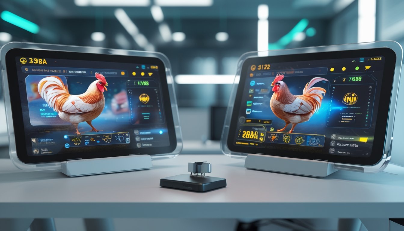 Dua perangkat layar sentuh modern berdampingan menampilkan antarmuka permainan sabung ayam online dengan latar belakang kantor teknologi.