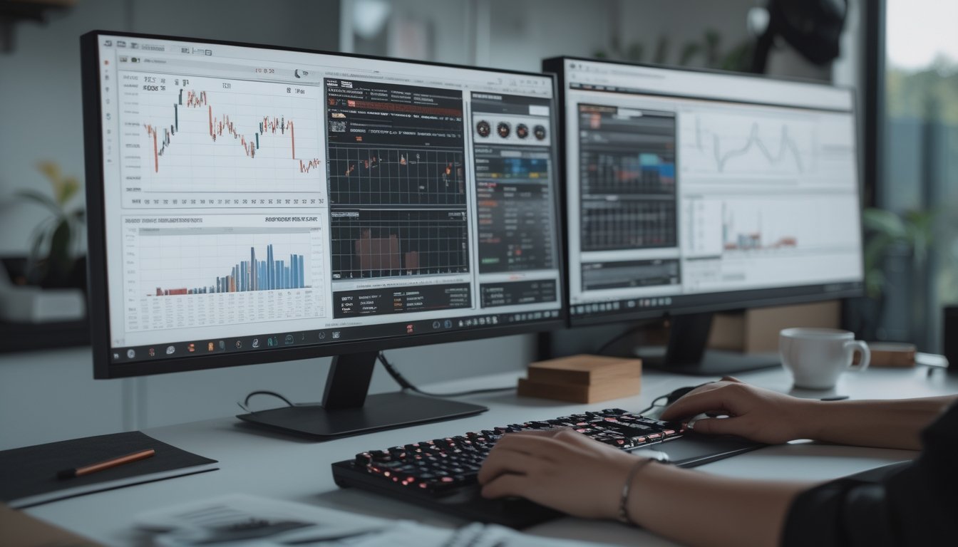 Seorang pria sedang menganalisis pola permainan Sabung Ayam digital di depan komputer dengan layar menampilkan grafik dan data strategi.