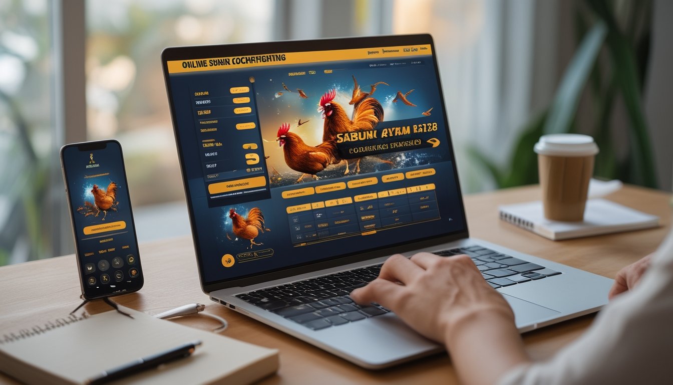 Seorang pengguna duduk di depan laptop yang menampilkan situs sabung ayam online dengan gambar ayam jago bertarung, di meja ada ponsel, kopi, dan buku catatan.