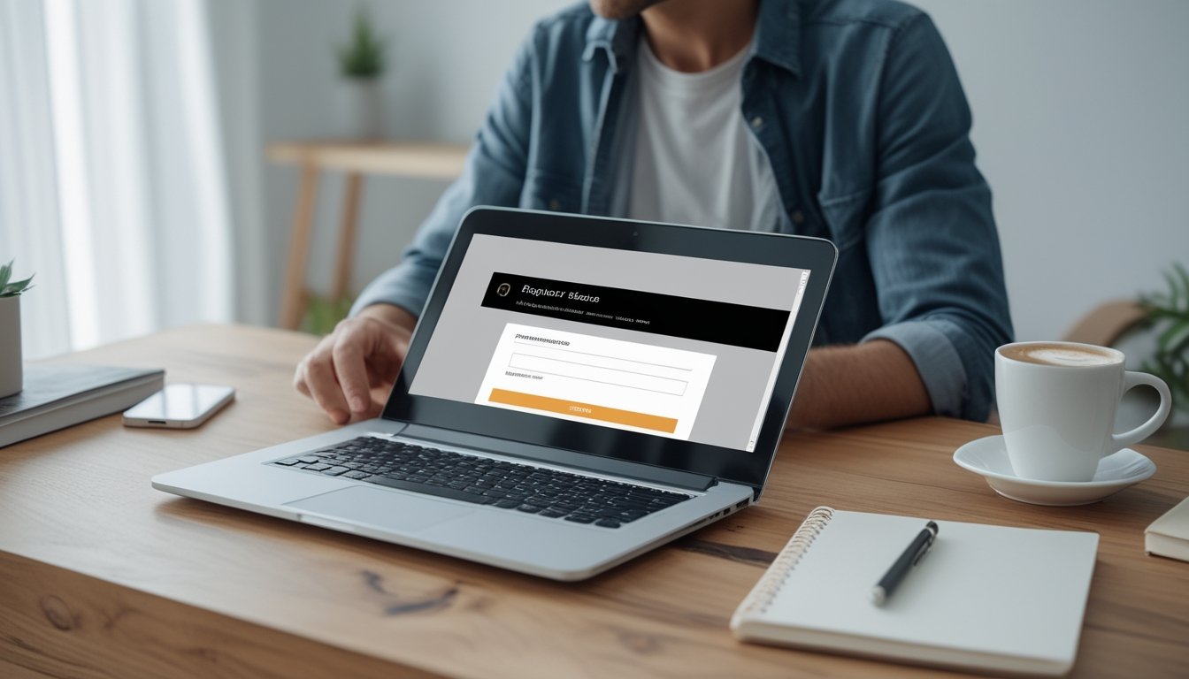 Seseorang sedang mendaftar akun secara online menggunakan laptop di meja kerja dengan suasana yang nyaman dan terang.