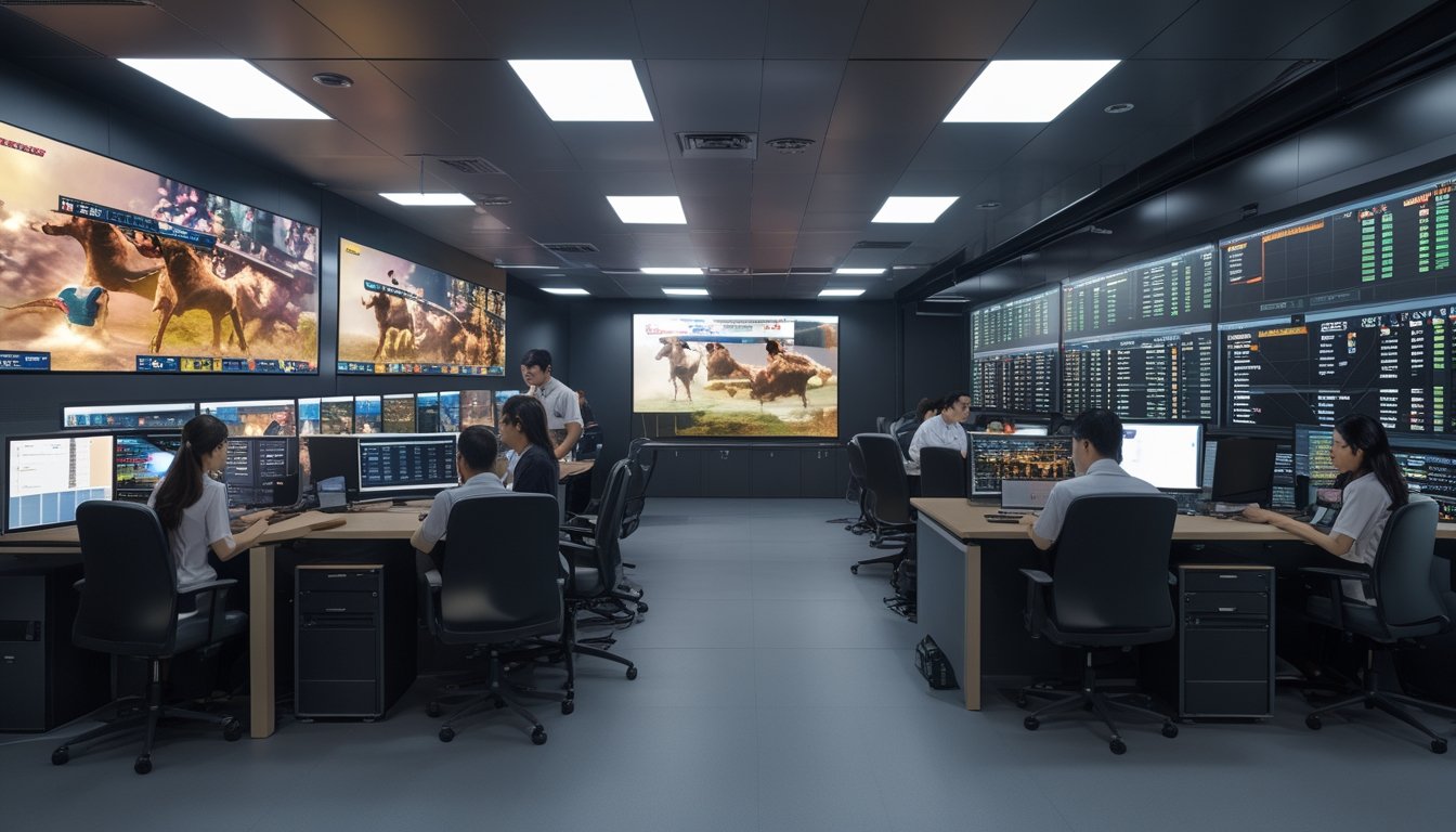 Ruang kontrol modern dengan beberapa monitor besar yang menampilkan data waktu nyata dan video sabung ayam, di mana tim profesional sedang bekerja memantau sistem streaming langsung.