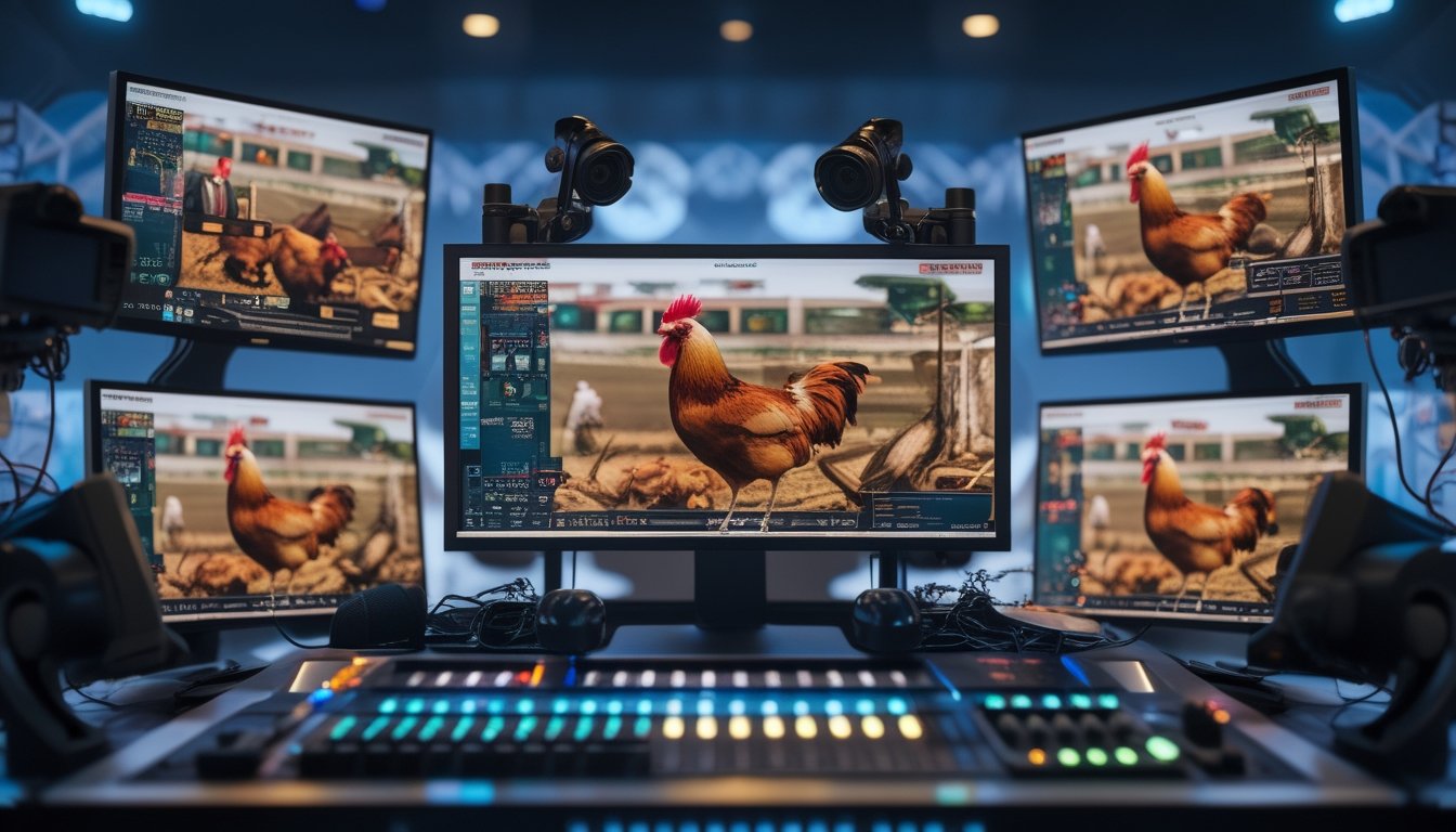 Ruang kontrol modern dengan monitor yang menampilkan pertandingan sabung ayam secara langsung dan peralatan streaming canggih.