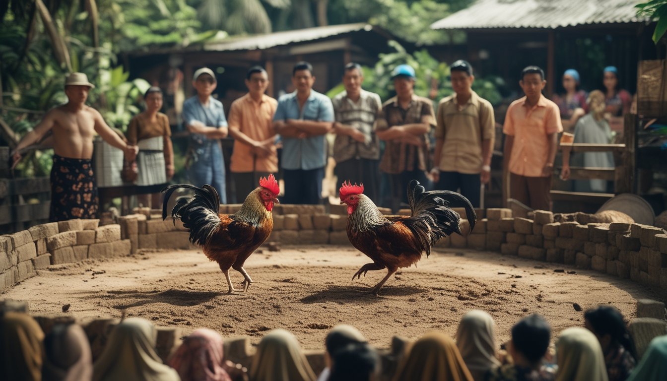 Dua ayam jago sedang bertarung di arena tanah dikelilingi oleh penonton yang antusias di lingkungan pedesaan Asia Tenggara.