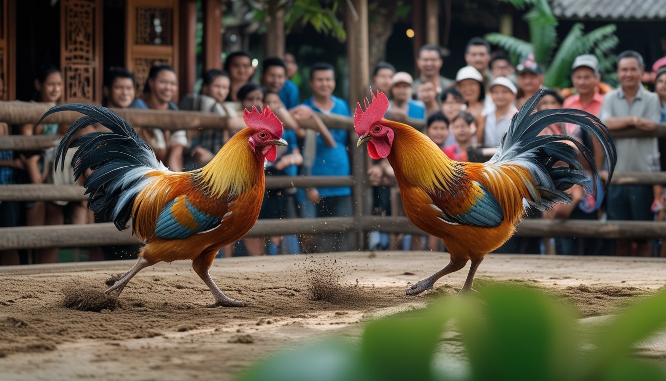Dua ayam jago sedang bertarung di arena kayu dengan penonton yang antusias di sekitarnya, latar belakang menunjukkan arsitektur tradisional dan tanaman tropis.