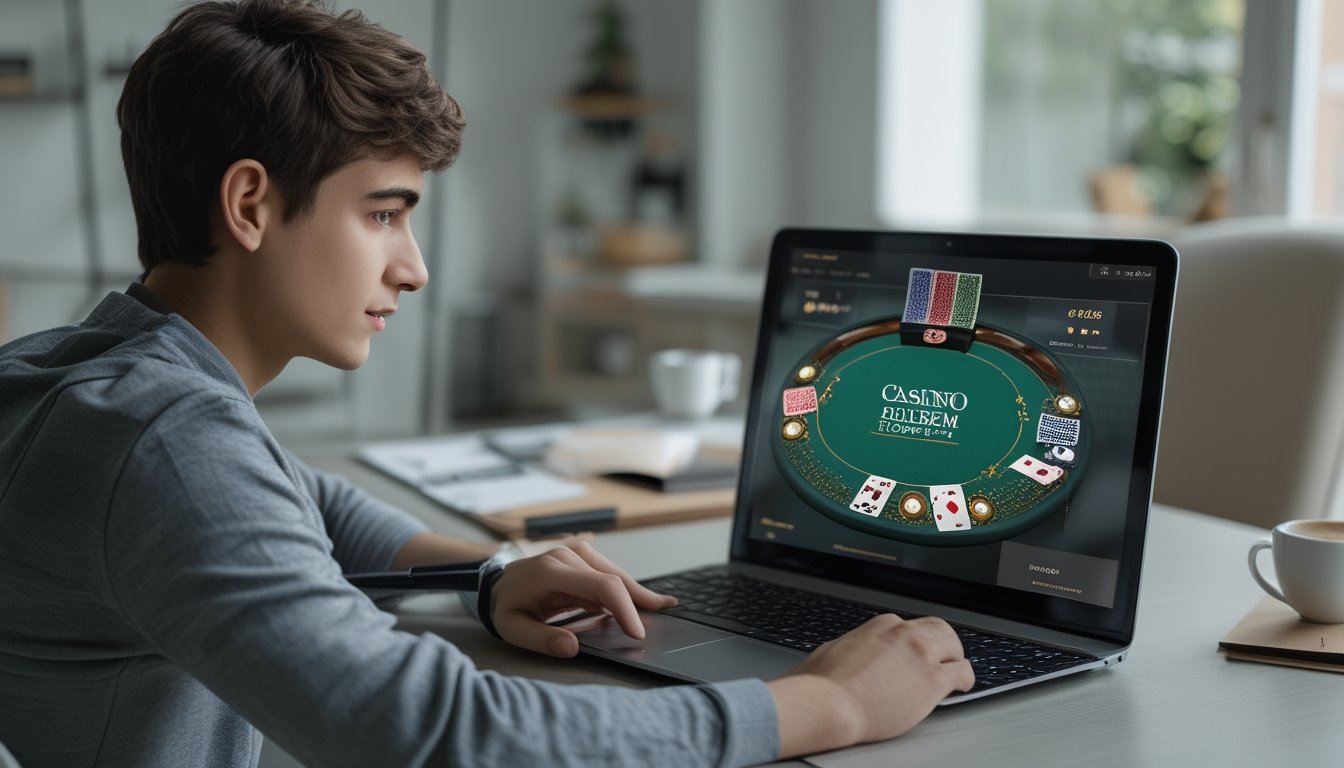 Seorang pemula bermain Casino Hold’em online di depan laptop di ruangan yang terang dengan tumpukan chip dan kartu poker di layar.
