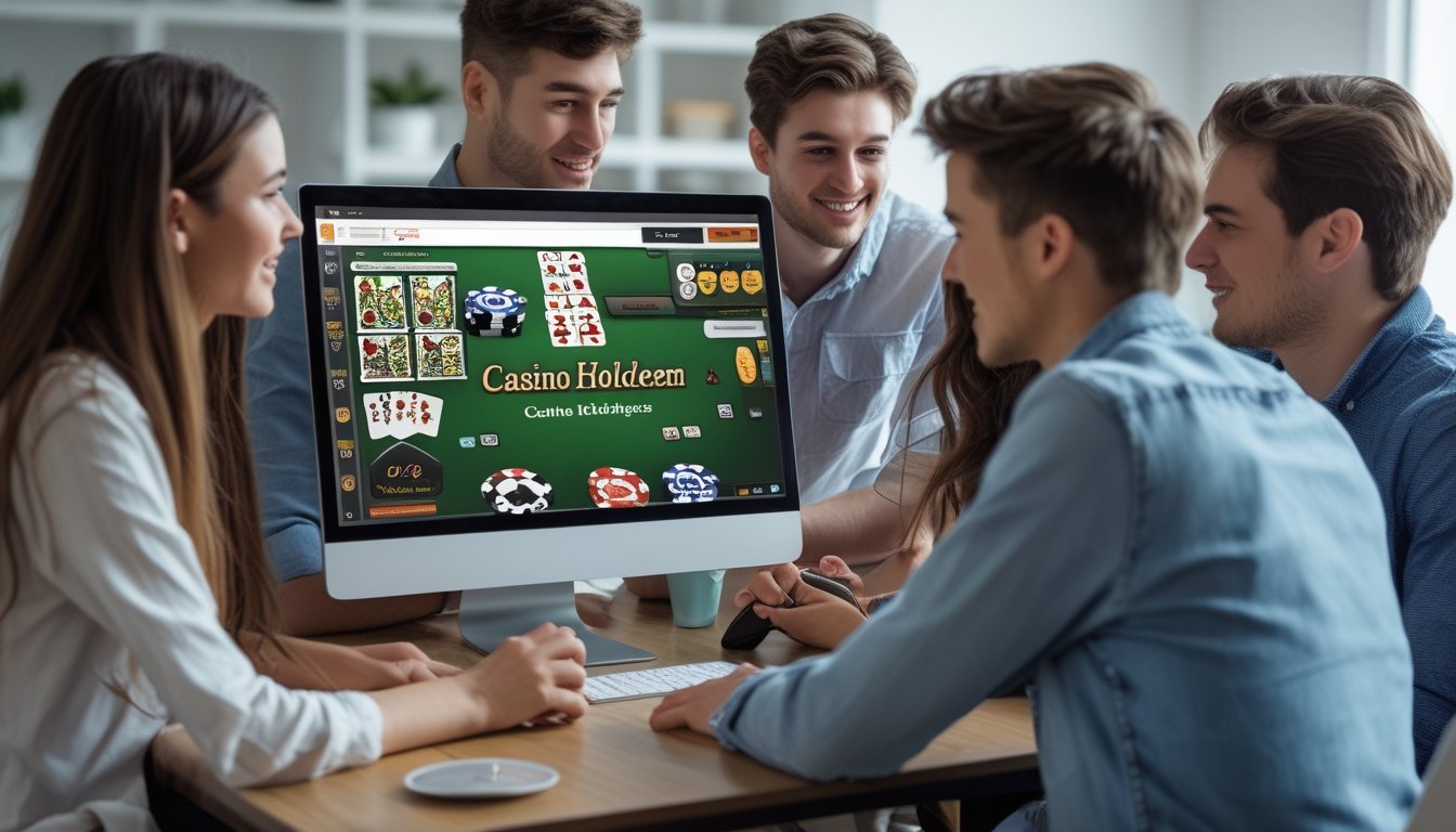 Sekelompok orang muda sedang belajar bermain Casino Hold’em online di depan komputer dengan kartu dan chip poker terlihat di layar.