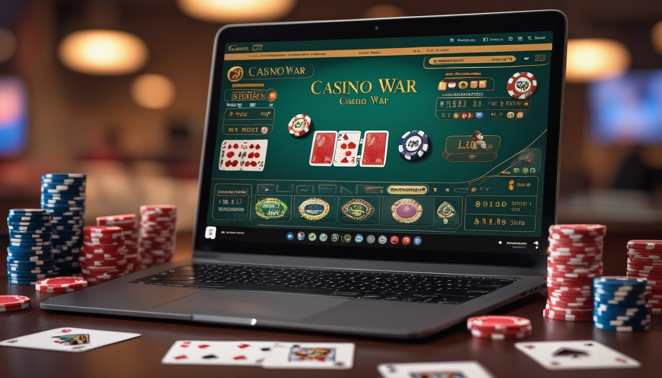 Sebuah meja dengan komputer yang menampilkan permainan kasino online Casino War, dikelilingi oleh chip poker dan kartu remi.