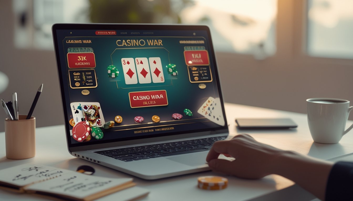 Seorang pemain sedang menggunakan laptop untuk bermain Casino War online dengan kartu dan chip di layar, di atas meja terdapat buku catatan dan kopi.