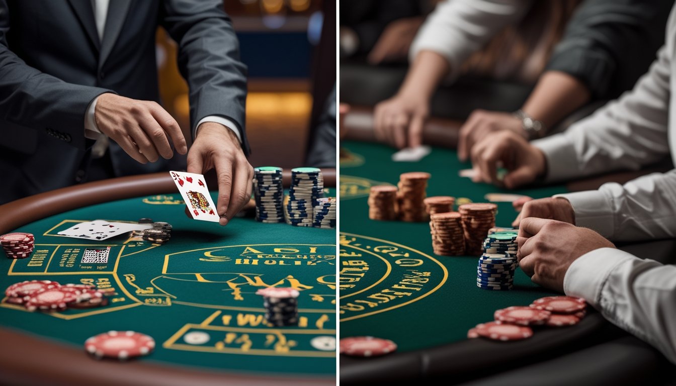 Dua meja permainan kartu di kasino, satu dengan dealer dan kartu komunitas untuk Casino Hold’em, satu lagi dengan pemain memegang kartu poker biasa dan tumpukan chip.