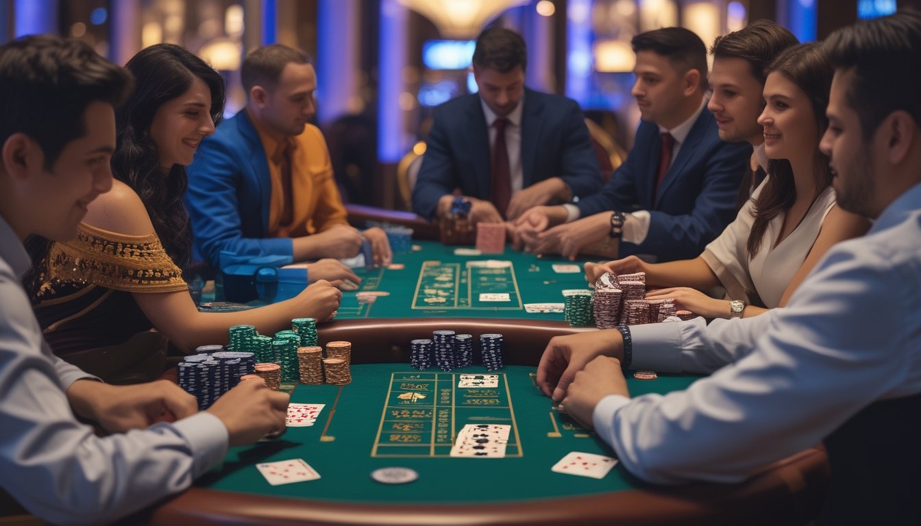 Beberapa pemain sedang bermain Casino Hold’em dan Poker tradisional di meja kasino dengan suasana kasino yang elegan.
