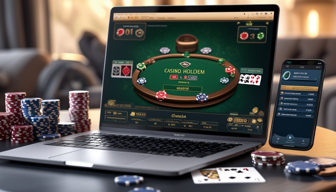 Seorang pemain sedang menggunakan komputer dengan tampilan permainan Casino Hold’em online, dikelilingi oleh chip poker dan kartu, di lingkungan rumah atau kantor yang nyaman.