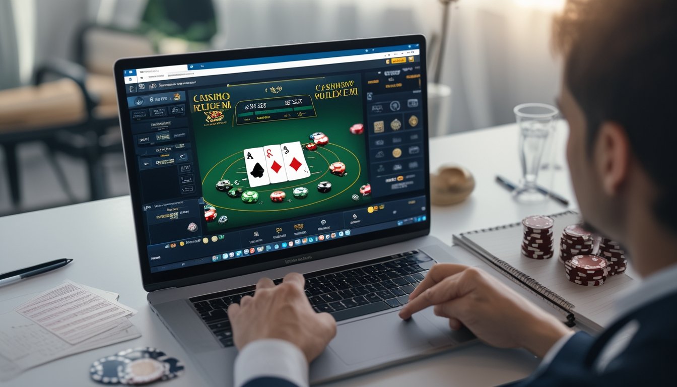 Seorang pemain sedang bermain Casino Hold’em online di depan komputer dengan kartu dan chip poker di meja.