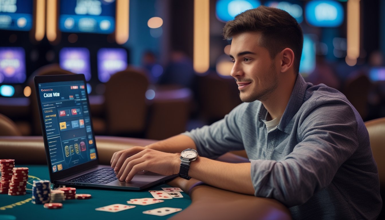Seorang pemain muda duduk di meja kasino dengan laptop, fokus bermain Casino War online di ruangan bergaya modern dengan dekorasi kasino di latar belakang.