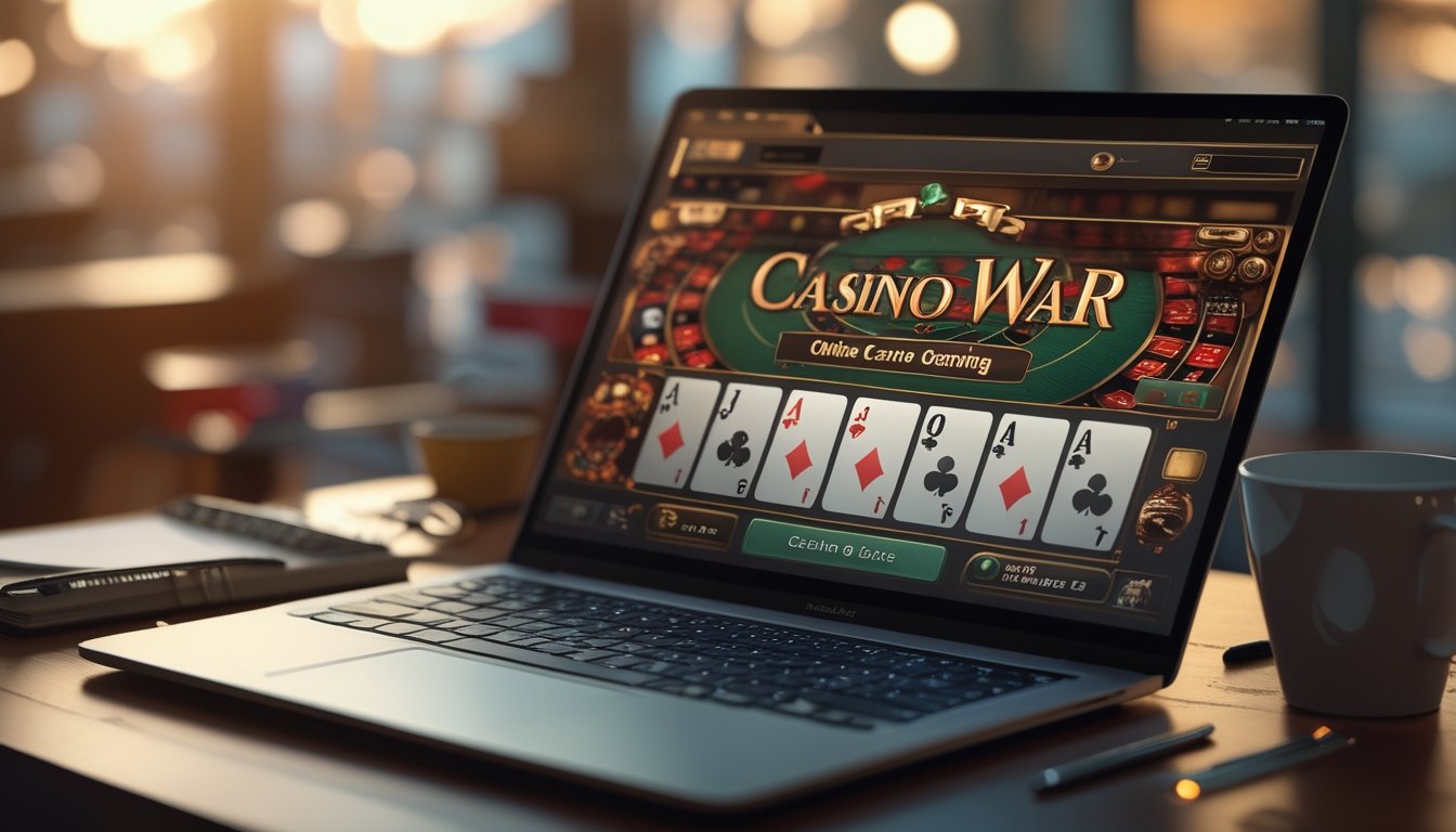 Seorang pemain sedang menggunakan laptop dengan tampilan permainan Casino War online, dikelilingi oleh catatan, pena, dan secangkir kopi di atas meja.