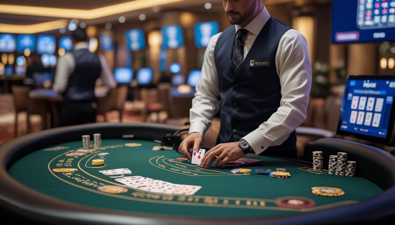 Seorang dealer kasino profesional sedang membagikan kartu di meja poker Casino Hold’em online dengan latar belakang suasana kasino dan layar digital.