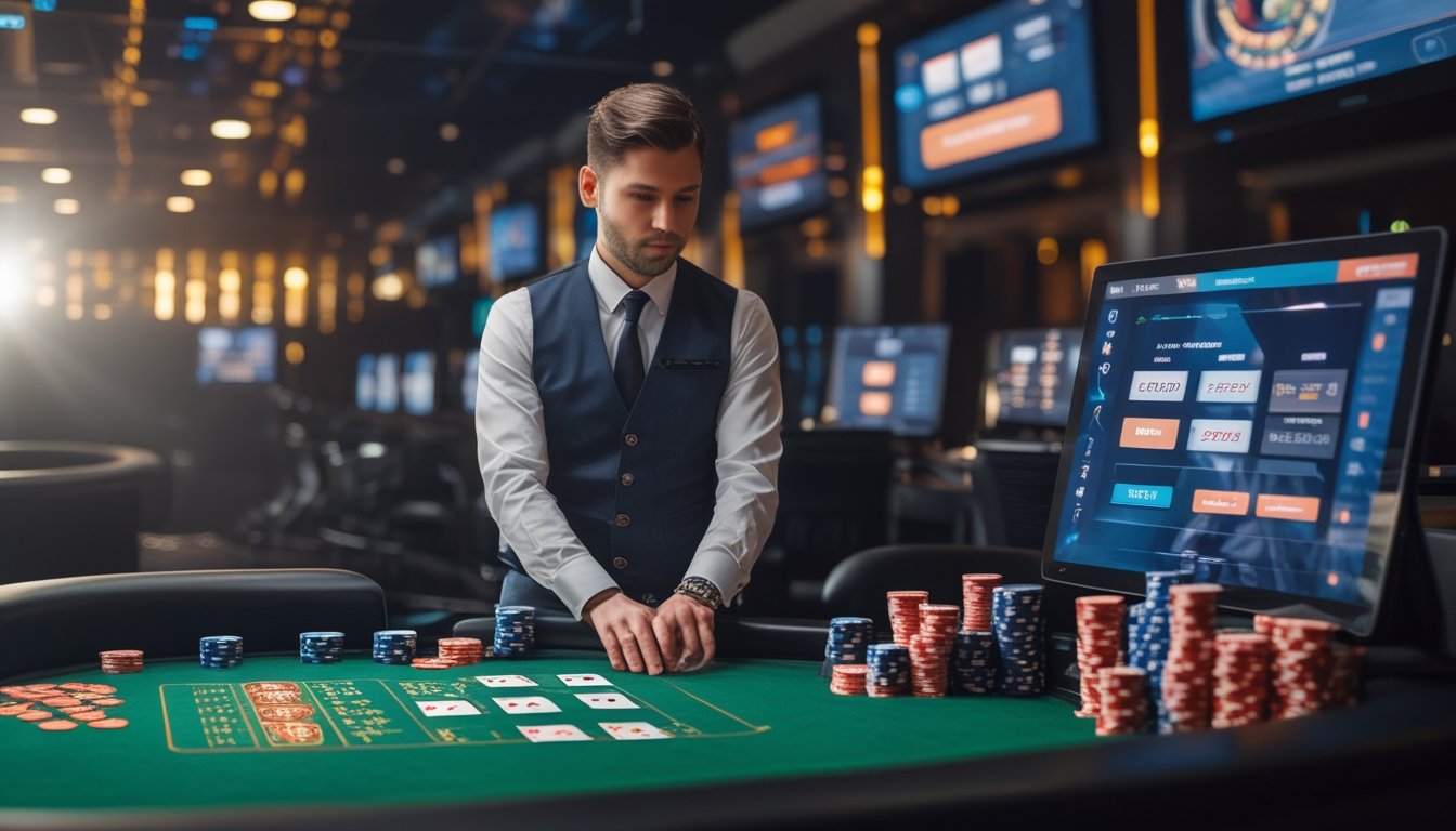 Seorang dealer kasino profesional sedang mengatur kartu dan chip di meja Casino Hold’em online dengan layar komputer di latar belakang.