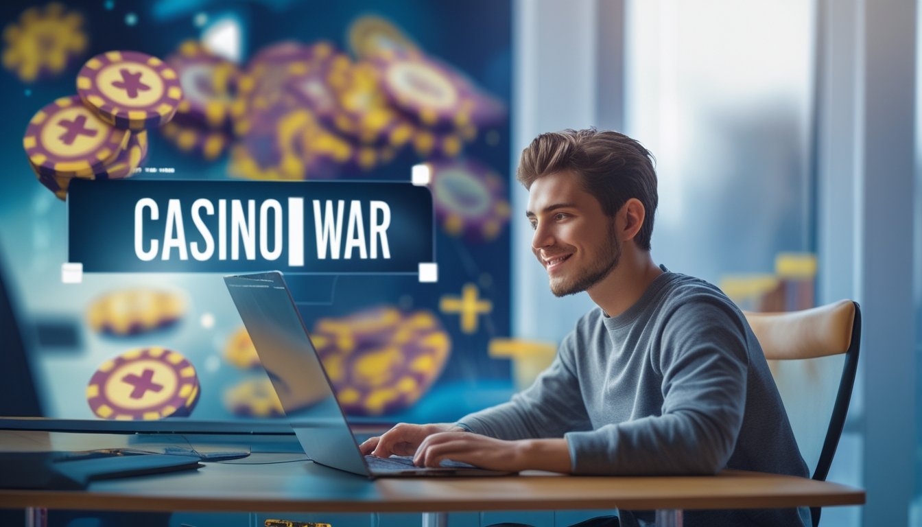 Seorang pemain muda duduk di depan laptop dengan tampilan permainan Casino War online, terlihat penasaran dan fokus di lingkungan yang nyaman dan terang.