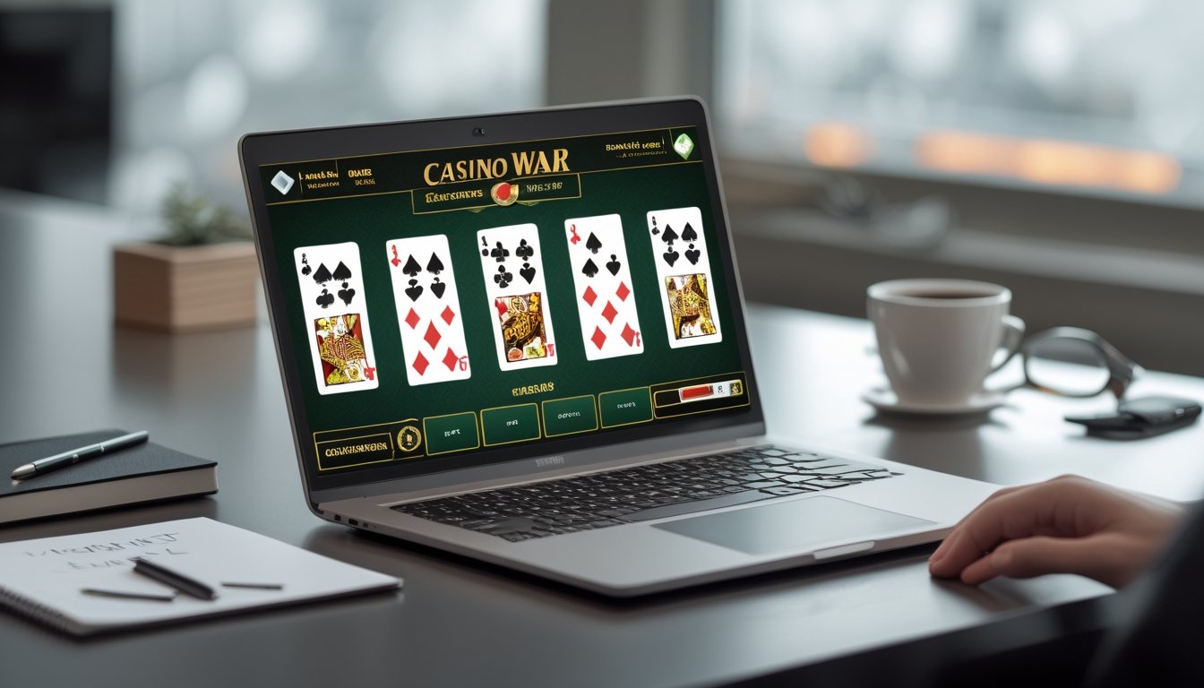 Seorang pemula sedang belajar bermain Casino War online dengan laptop di meja kerja yang rapi.