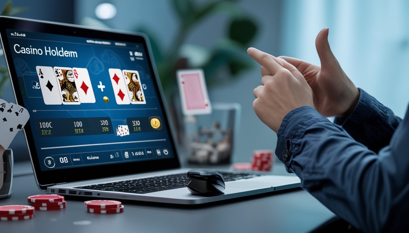 Seseorang duduk di depan laptop yang menampilkan permainan poker Casino Hold'em online, tampak serius dan fokus mengambil keputusan strategi.