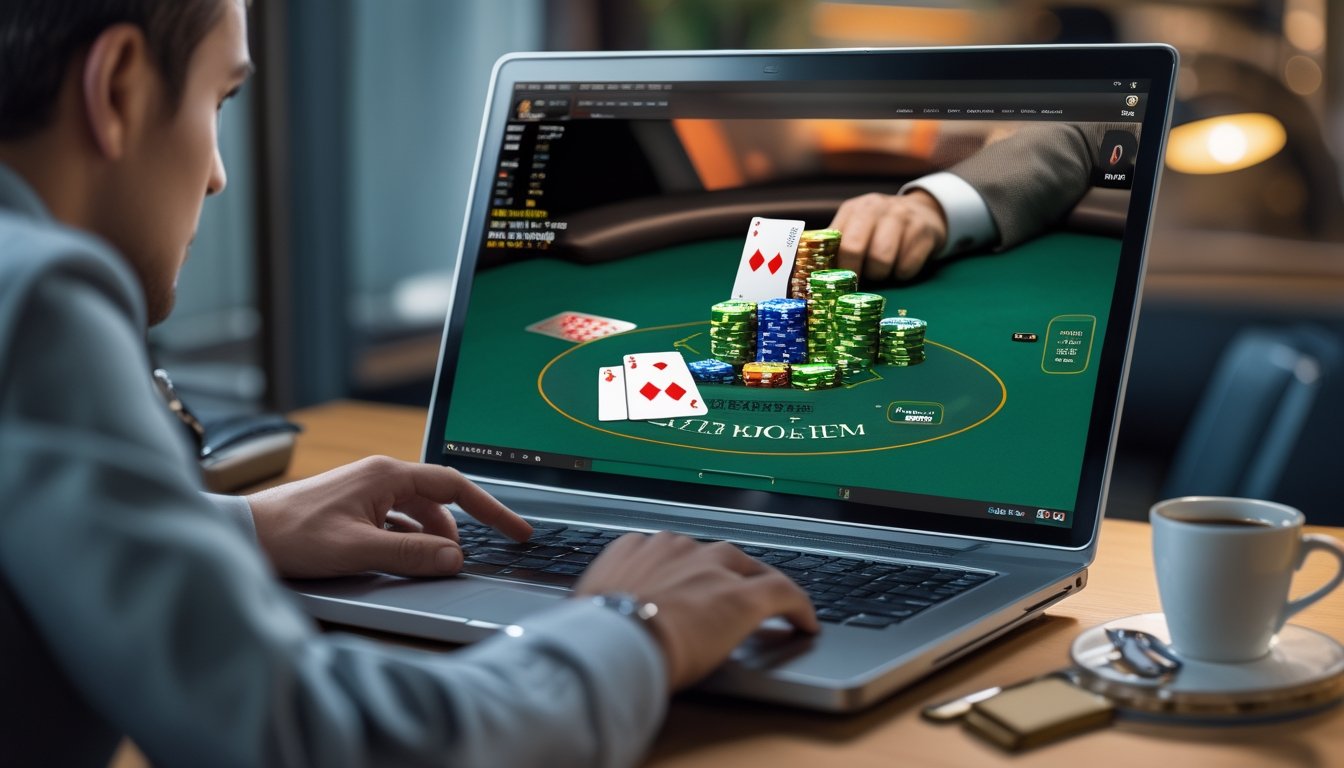 Seorang pemain serius duduk di depan komputer yang menampilkan permainan Casino Hold’em online dengan kartu dan chip poker di layar.