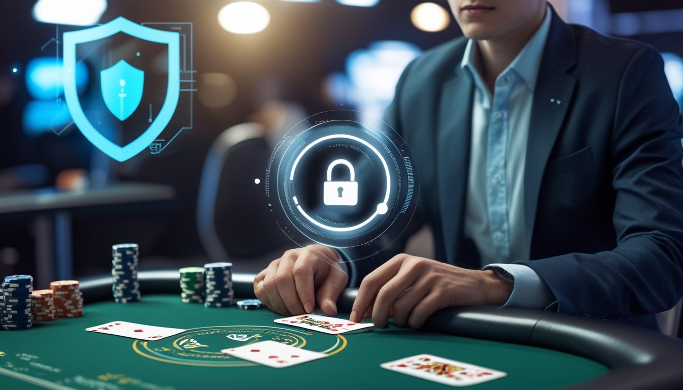 Seseorang duduk di meja kasino dengan kartu dan chip, menunjukkan suasana permainan kasino online yang aman dan terpercaya.