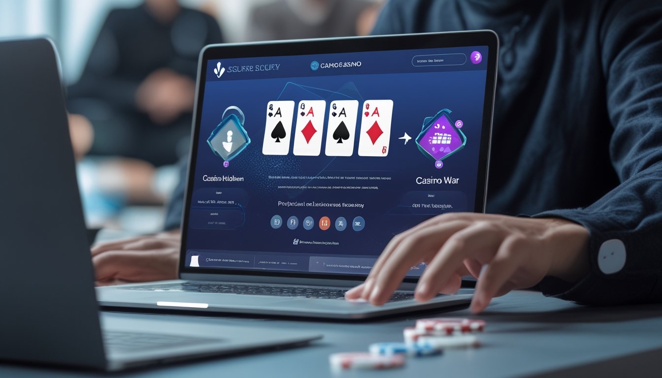 Seseorang menggunakan laptop dengan tampilan situs casino online yang aman, menampilkan kartu poker dan chip, dengan ikon keamanan digital di latar belakang.
