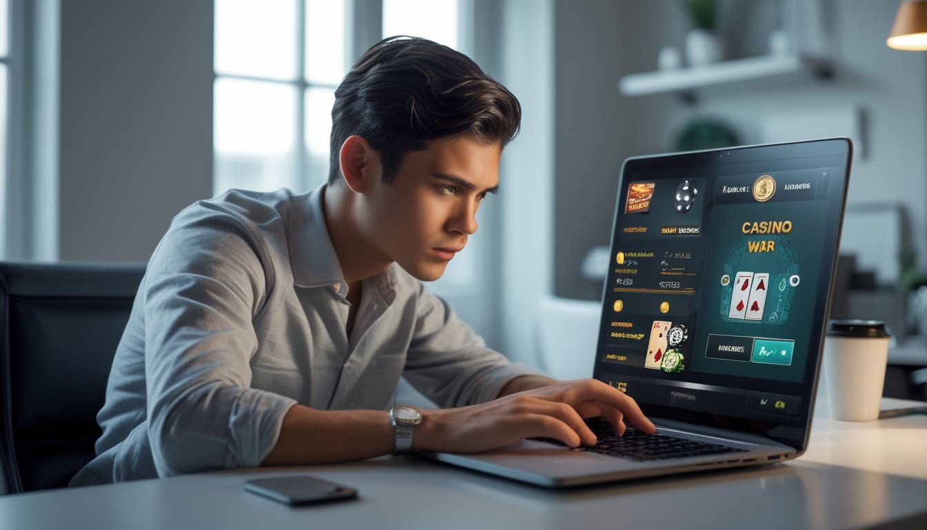 Seorang pria muda fokus bermain Casino War online di laptop di ruang tamu yang rapi dan terang.