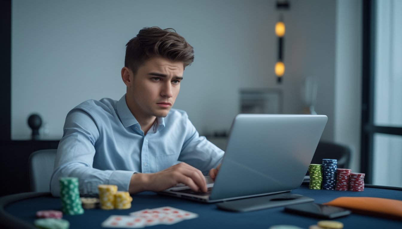 Seorang pria muda fokus bermain permainan casino war online di laptop di sebuah meja dengan kartu dan chip poker di sekitarnya.
